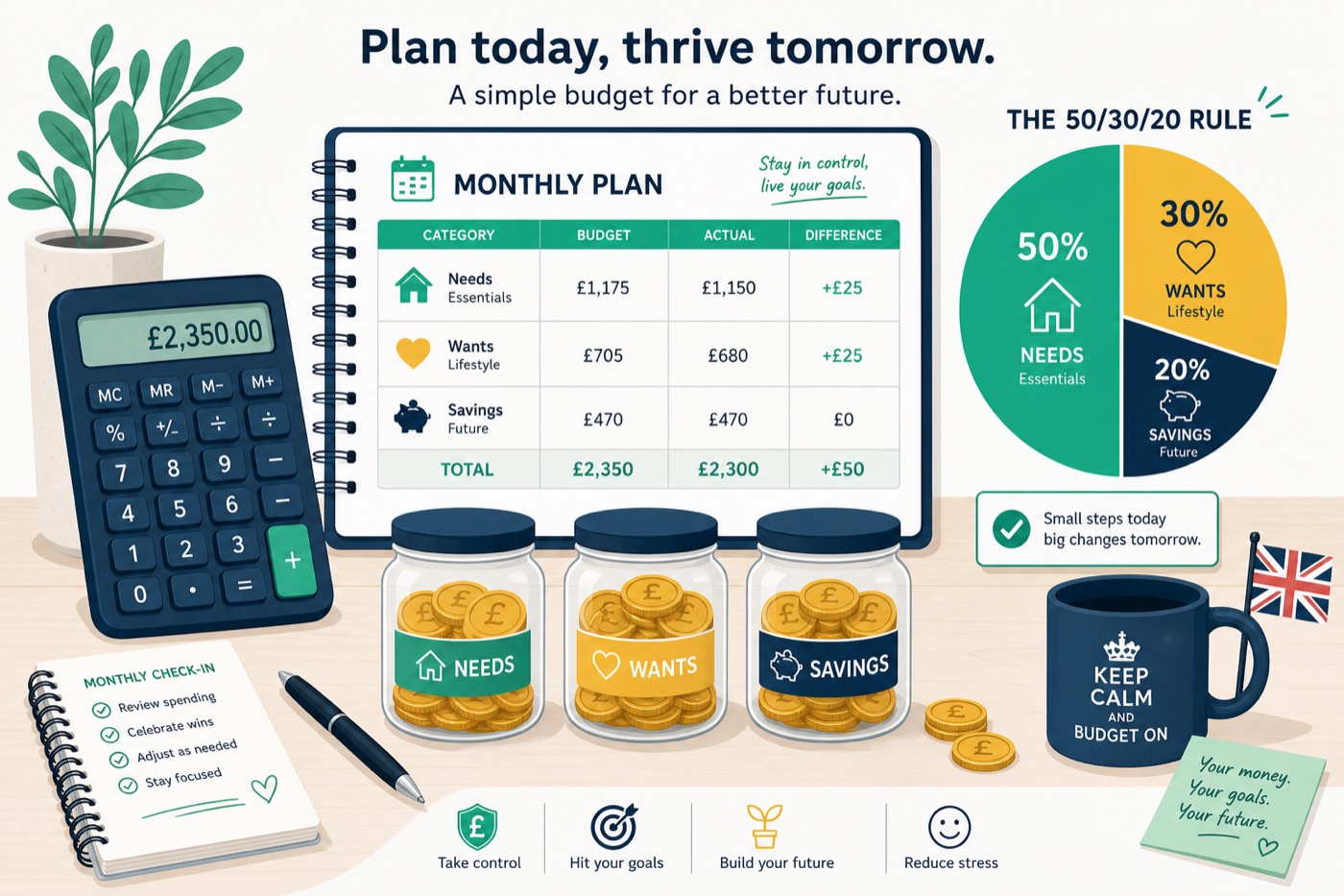 Budgeting illustration with calculator, planner and coin jars