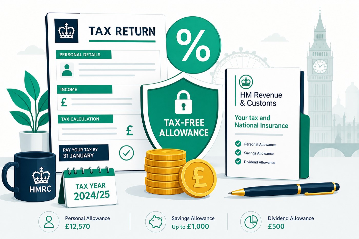 UK tax illustration with HMRC forms and allowances